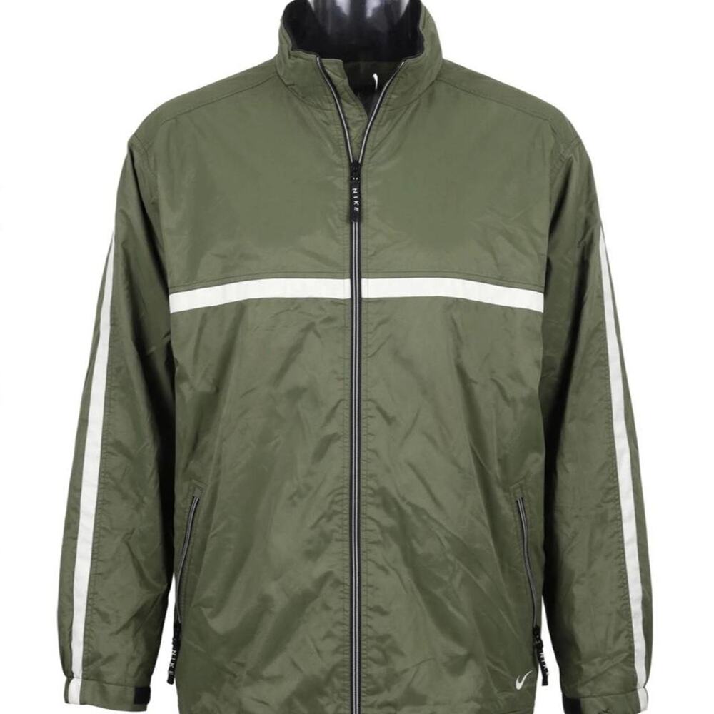 VTG 90s Nike Windbreaker Jacket Mens XXL Olive Green White Stripe Fleece Lined